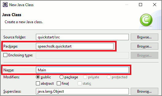 [New Java Class] ウィンドウのスクリーンショット