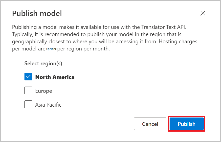 publish-model ブレードを示すスクリーンショット。