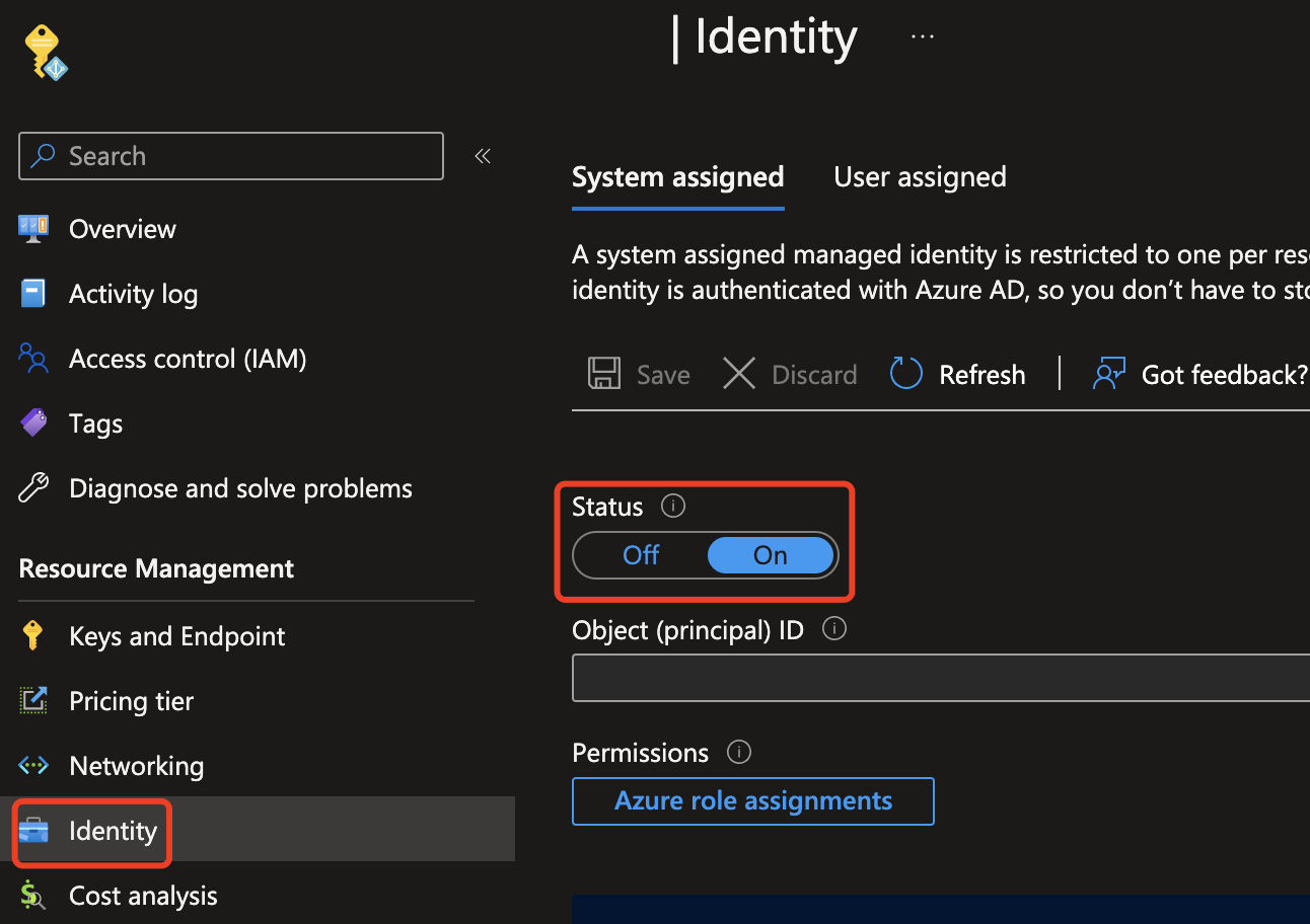 Azure portal のスクリーンショット。マネージド ID を有効にしています。