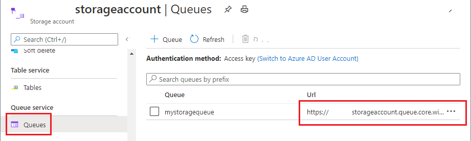 Azure Storage キューのページ