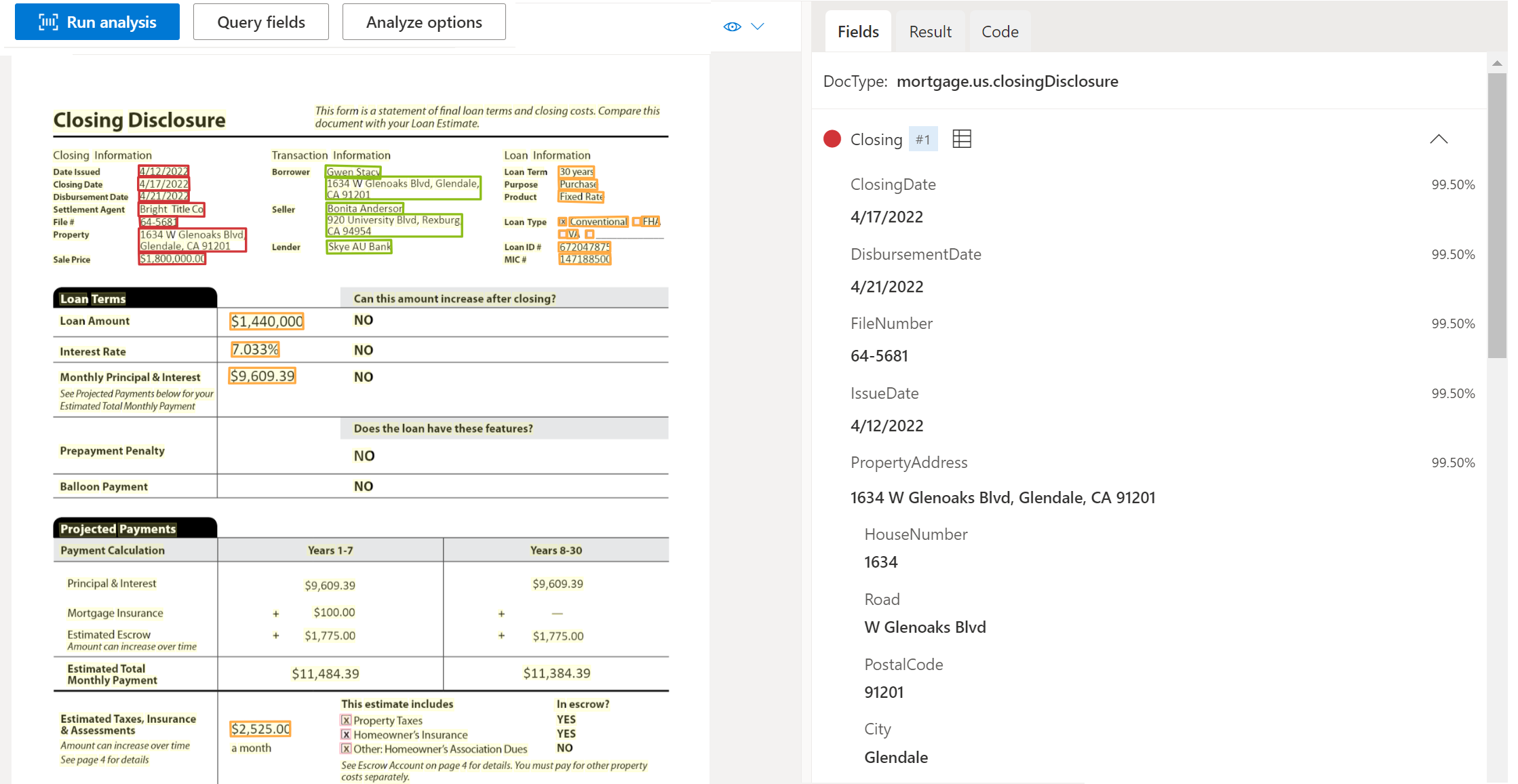 Document Intelligence Studio を使用した米国住宅ローン決算開示ドキュメント モデル分析のスクリーンショット。