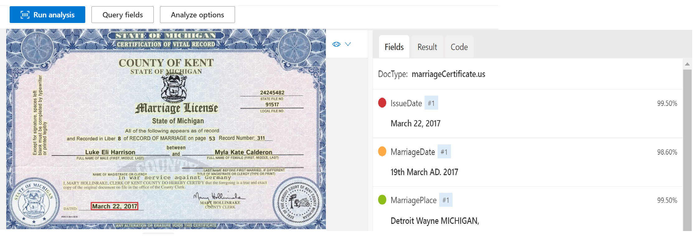 Document Intelligence Studio を使用した結婚証明書ドキュメント モデル分析のスクリーンショット。