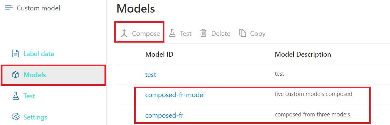 Document Intelligence Studio の構成済みカスタム モデル リストのスクリーンショット。