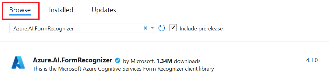 Visual Studio の NuGet Form Recognizer パッケージの選択のスクリーンショット。