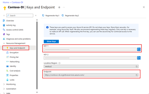 Azure portal のキーとエンドポイントのページのスクリーンショット。