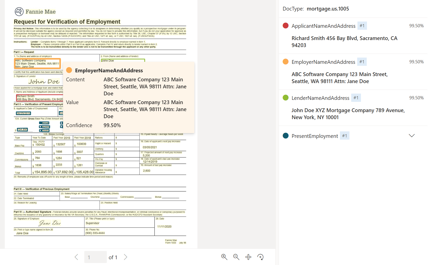 Document Intelligence Studio を使用した米国住宅ローン 1005 ドキュメント モデル分析のスクリーンショット。