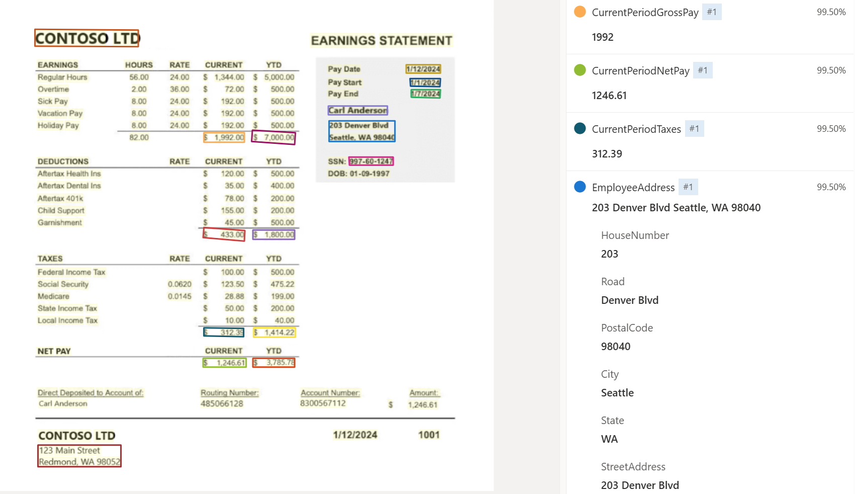 Document Intelligence Studio を使用した給与明細モデル分析のスクリーンショット。