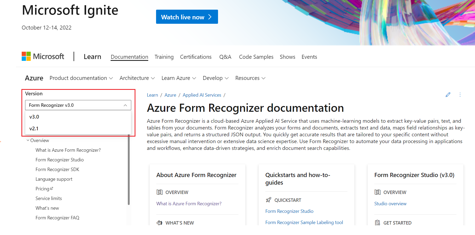 バージョンドロップダウン メニューを表示する Document Intelligence ランディング ページのスクリーンショット。