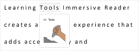 Immersive Readerのピクチャー ディクショナリのスクリーンショット。単語ツールのツールの絵を確認できます。