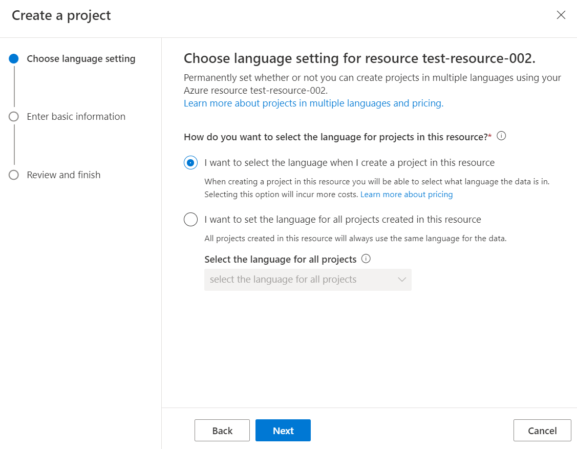 言語選択 UI のスクリーンショット。