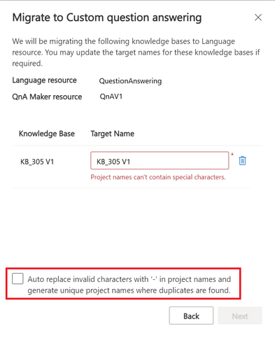 プロジェクト名に特殊文字は使用できないことを示すエラー メッセージのスクリーンショット。