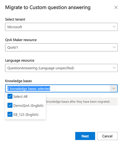 QnAMaker の移行で、ナレッジ ベースの選択オプションの周りに赤い選択ボックスが表示されており、3 つのナレッジ ベース名が表示されたドロップダウンがある