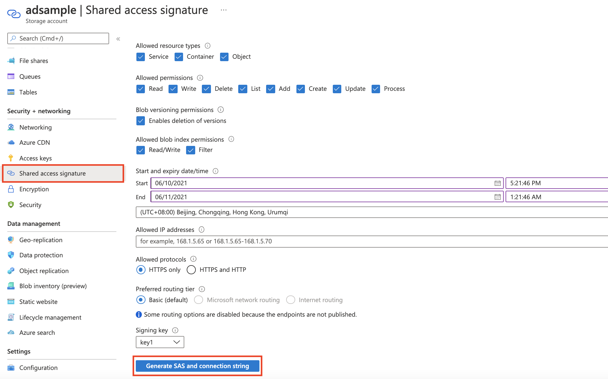 Azure Table Storage で Shared Access Signature を生成する方法を示すスクリーンショット。