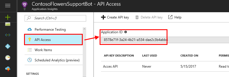 アプリケーション ID を Application Insights リソースから取得する方法を示すスクリーンショット。