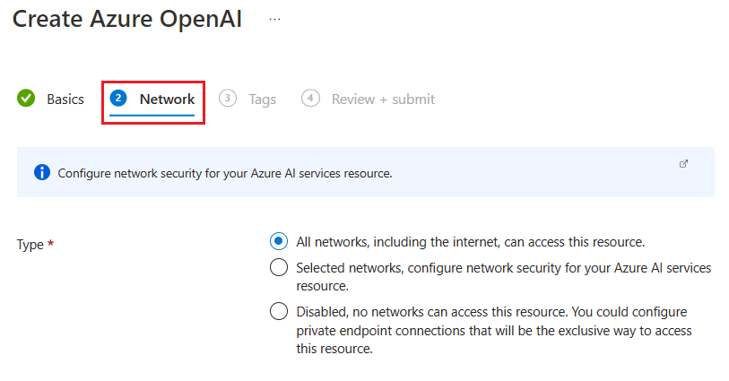 Azure portal で Azure OpenAI リソース用のネットワーク セキュリティ オプションを示すスクリーンショット。