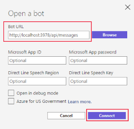 Bot Framework Emulator のボットを開く設定のスクリーンショット。