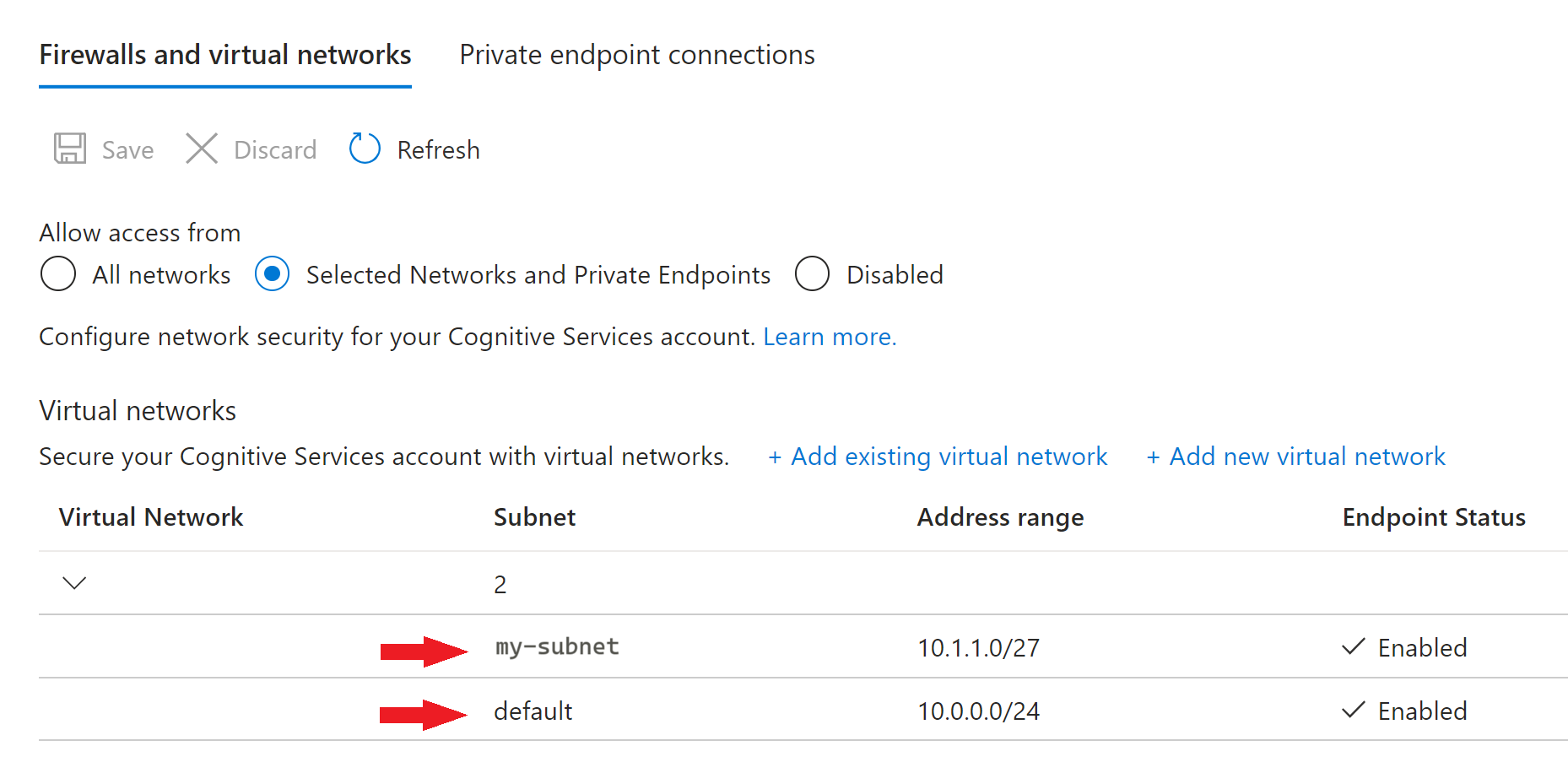 Azure portal の [サブネットの選択] セクションのスクリーンショット。