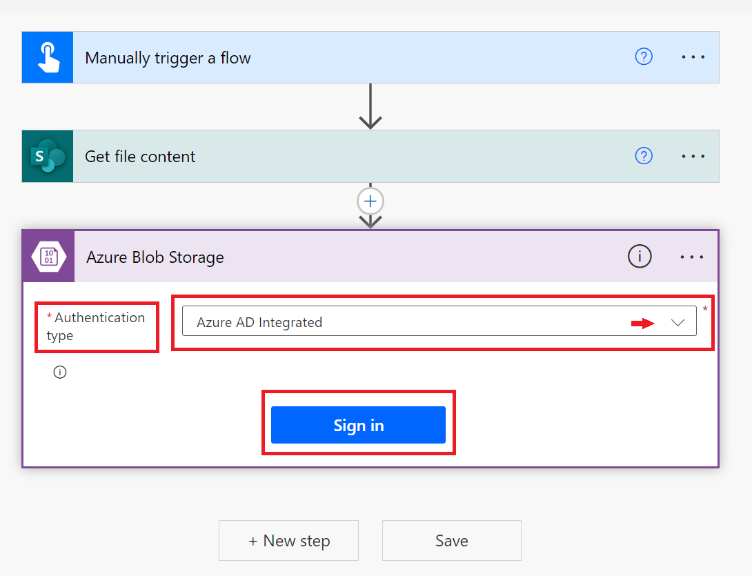 Azure Blob Storage 認証ウィンドウのスクリーンショット。