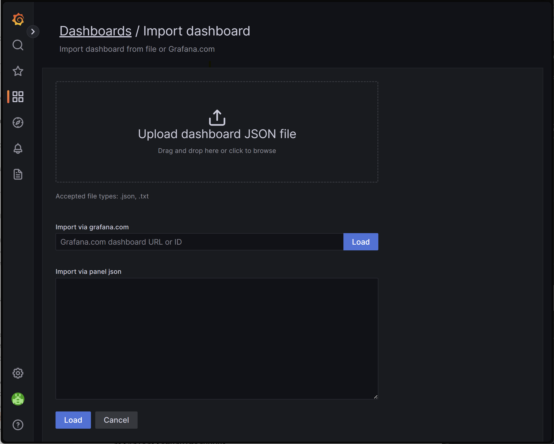 Grafana インスタンスの [インポート] ダッシュボード ダイアログを示すブラウザーのスクリーンショット。