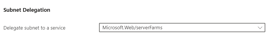 ポータルでの Microsoft.Web/serverFarms へのサブネット委任を示すスクリーンショット。