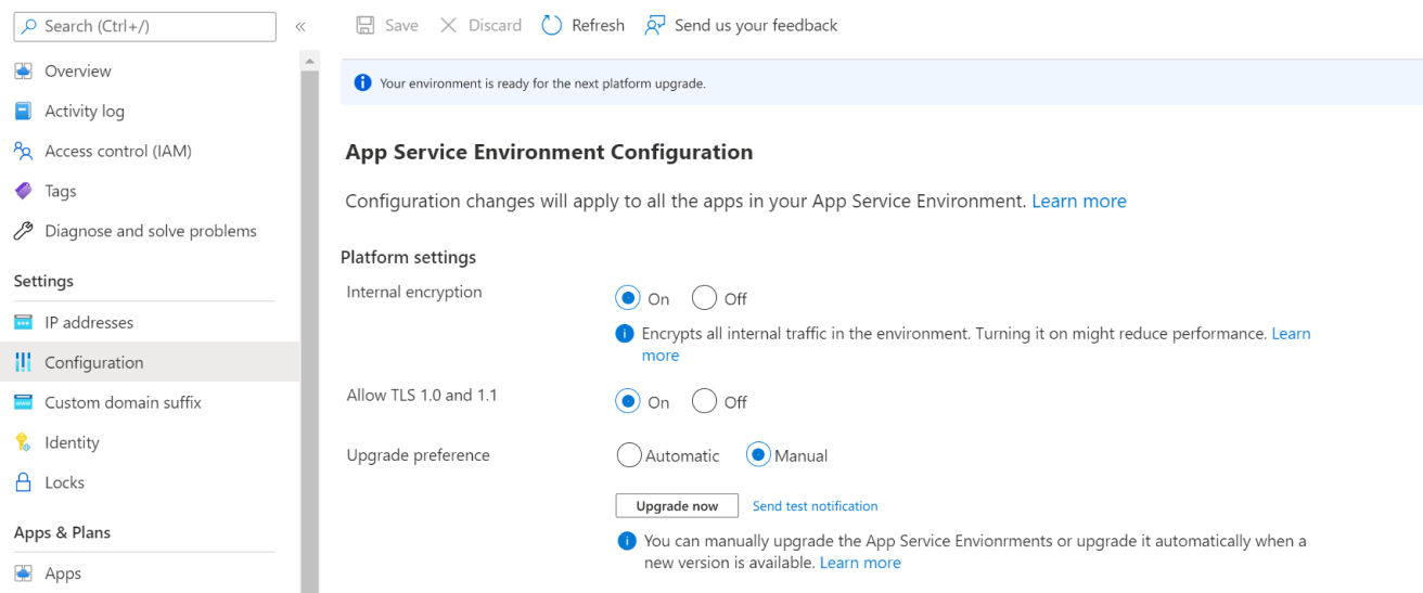App Service Environment のアップグレードを開始するための構成ペインのスクリーンショット。