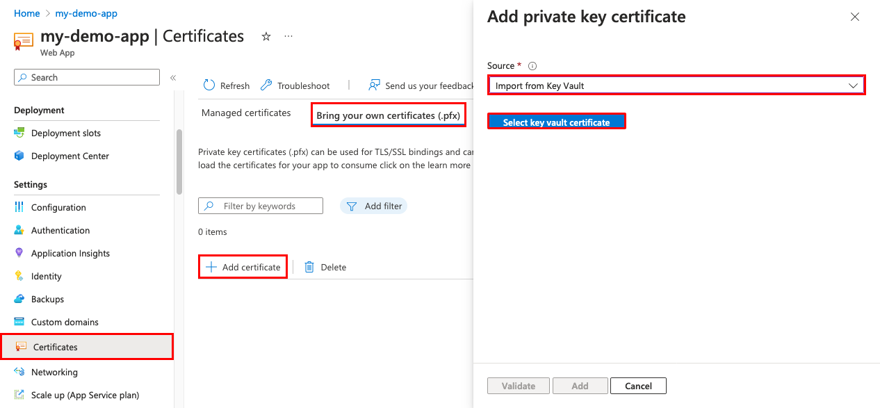 [証明書]、[Bring your own certificates (.pfx)] (独自の証明書 (.pfx) を持ち込む)、[キー コンテナーからインポートする] が選択されているアプリ管理ページのスクリーンショット