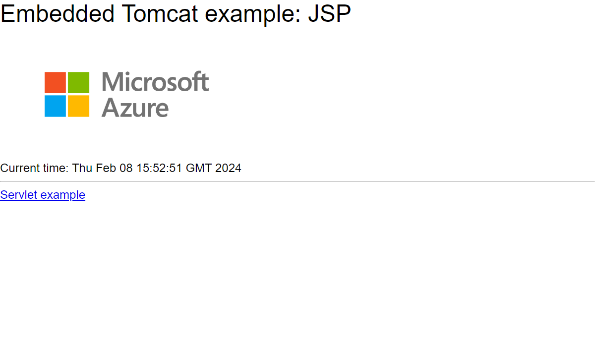 Azure App Service で実行中の埋め込み Tomcat の Hello World Web アプリを紹介するスクリーンショット。