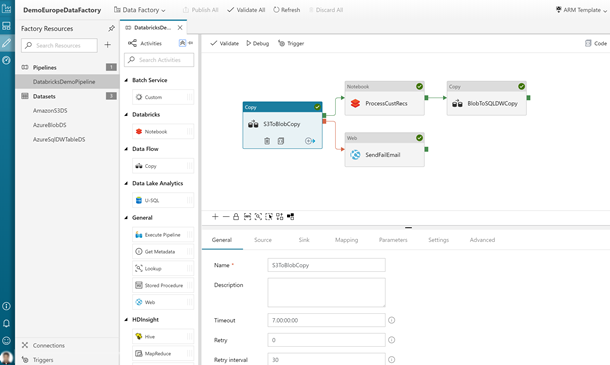 databricks ノートブック アクティビティを示す Data Factory インターフェイス。