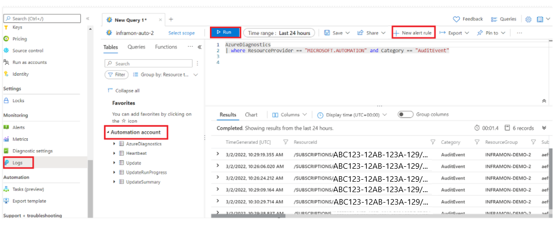 ログのクエリを実行する方法を示すスクリーンショット。