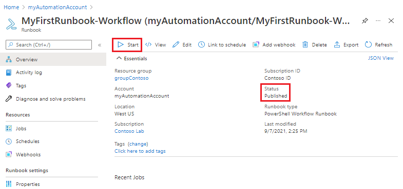 PowerShell ワークフロー Runbook の [概要] ページ