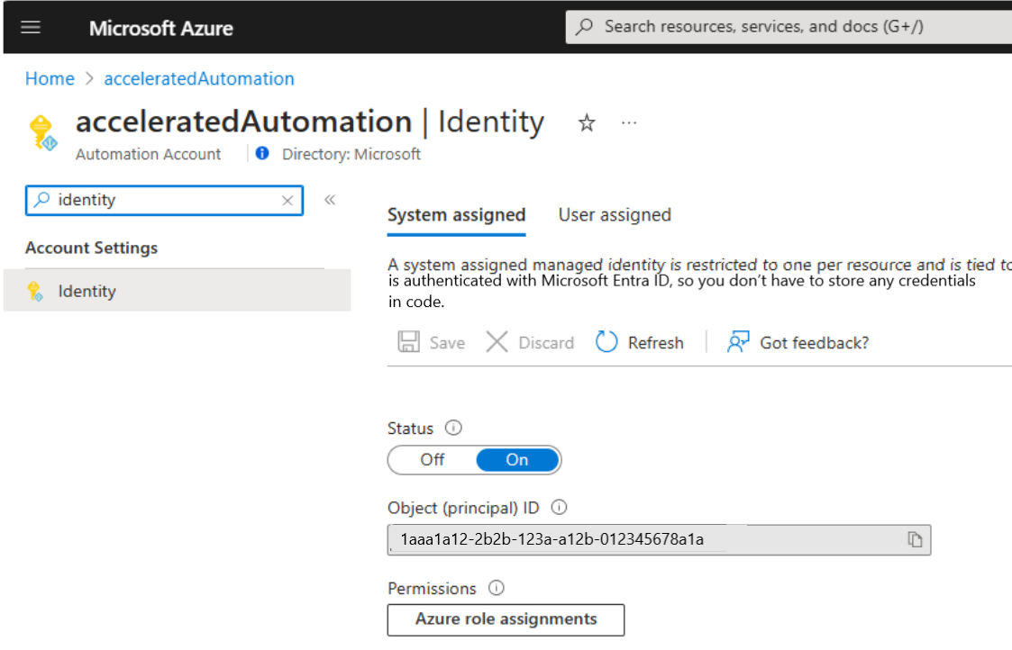 システム割り当てマネージド ID の [状態] を [オン] に設定するスクリーンショット。