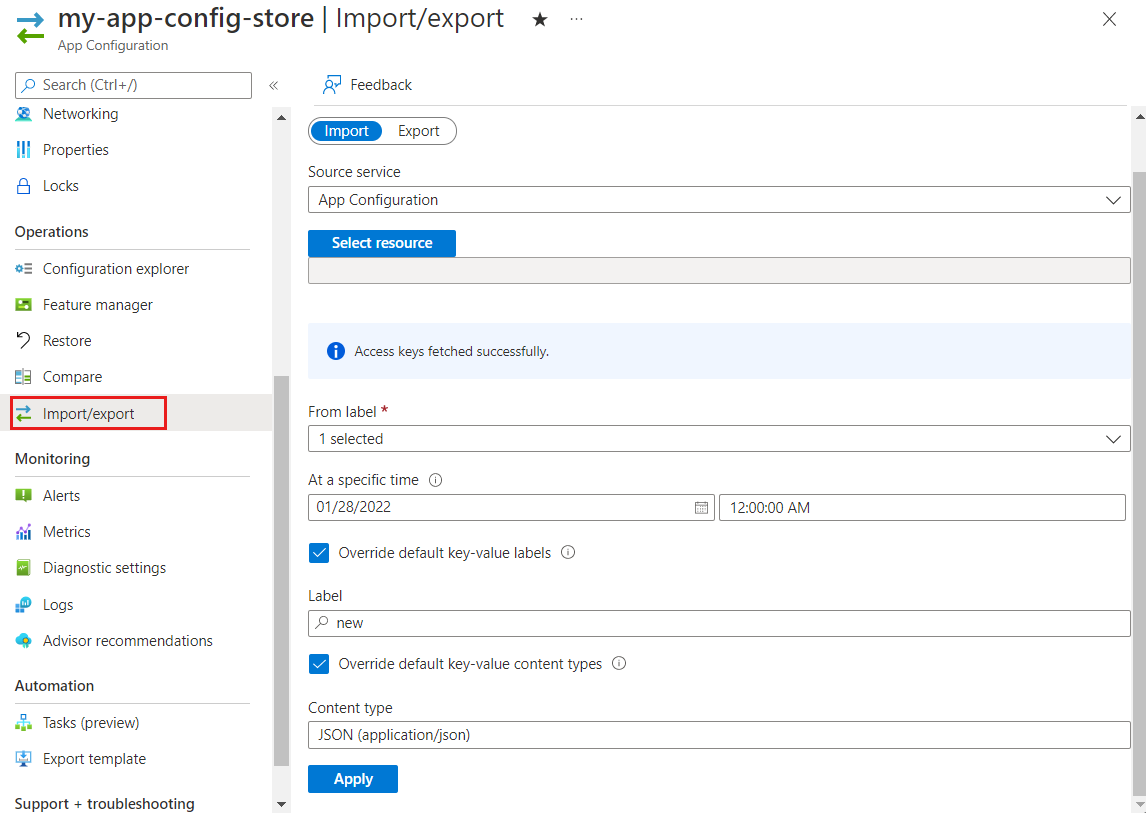 Azure portal で、App Configuration ストアからインポートしているスクリーンショット。