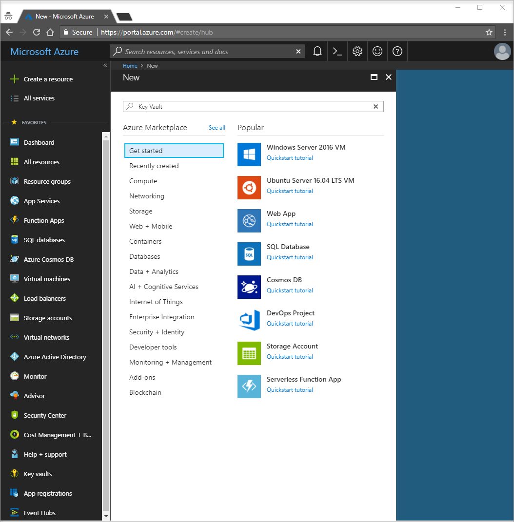 Azure portal の [リソースの作成] オプションを示すスクリーンショット。