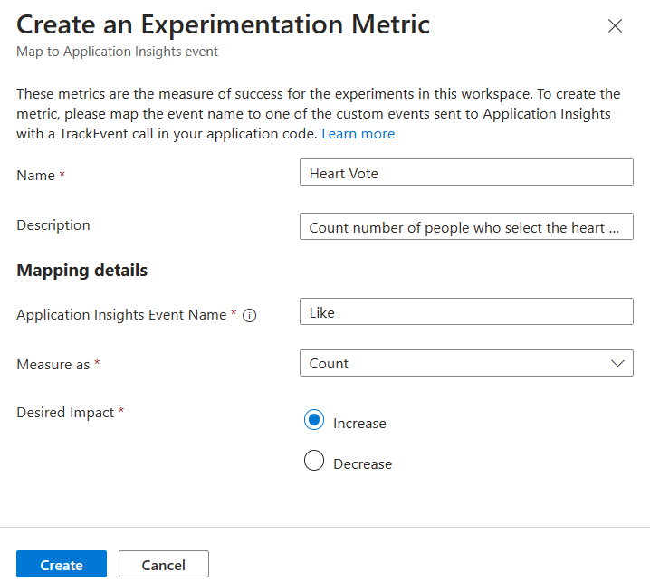 新しい実験メトリックの作成を示す Azure portal のスクリーンショット。