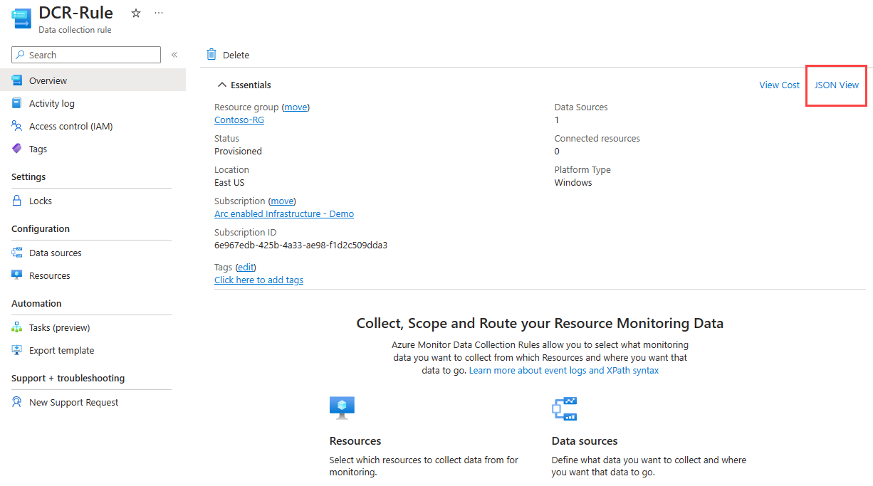 データ収集ルールの [概要] ウィンドウのスクリーンショット。[JSON ビュー] ボタンが強調表示されています。