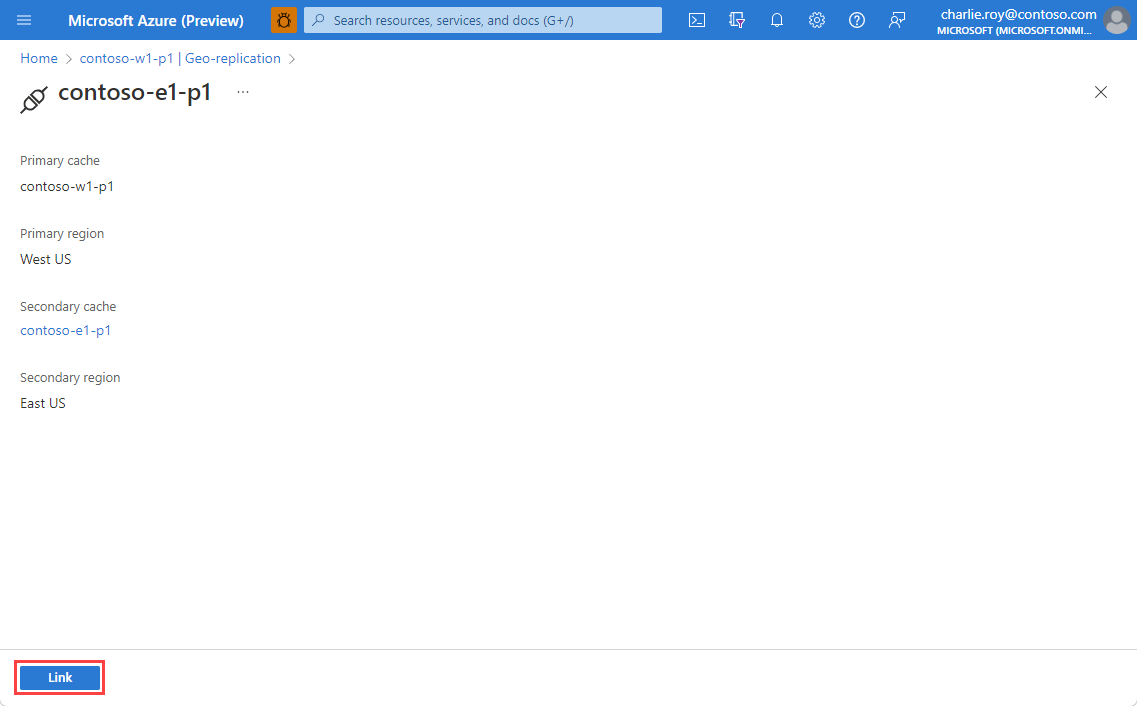 geo レプリケーションのキャッシュをリンクする方法を示すスクリーンショット。