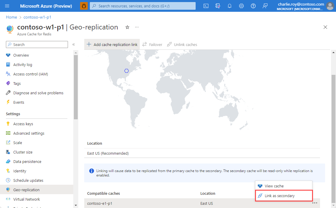 geo レプリケーションのコンテキスト メニューを示すスクリーンショット。