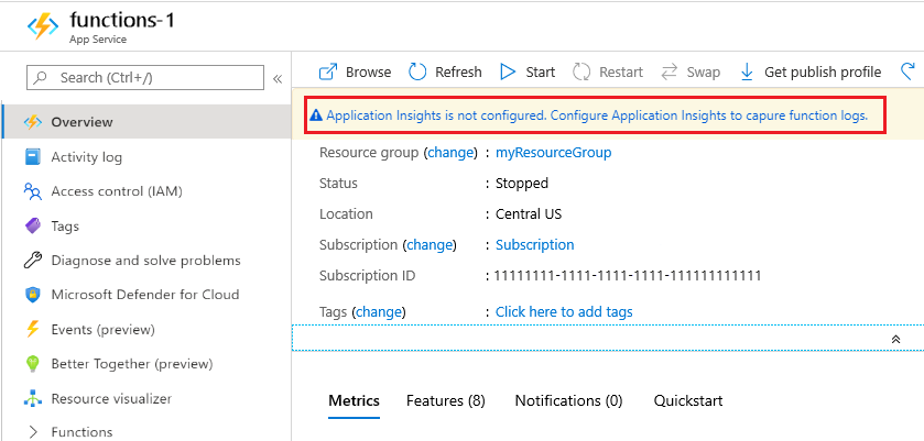 ポータルから Application Insights を有効にする方法を示すスクリーンショット。