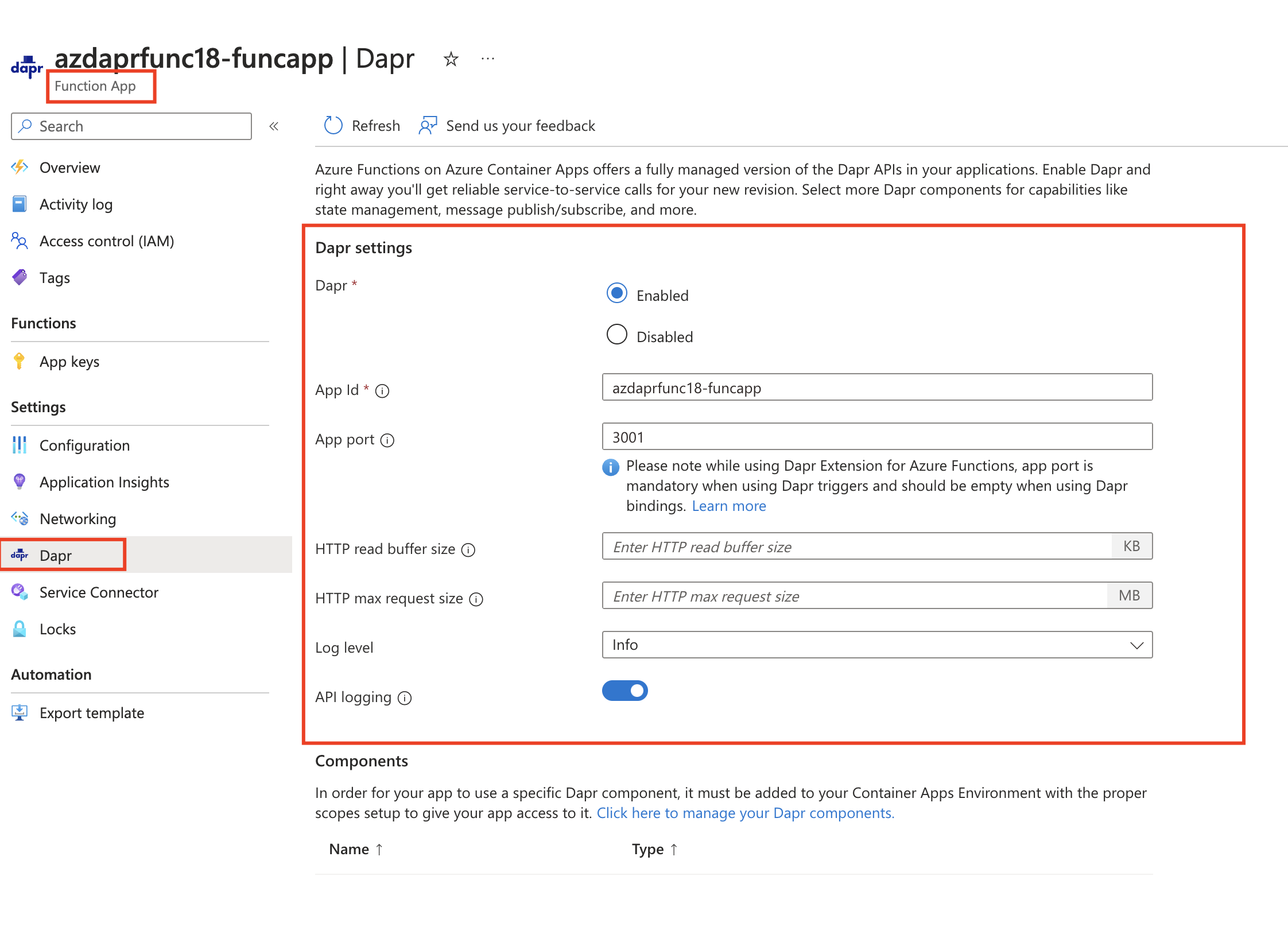 Azure portal 内で Function App の Dapr 有効化がどこにあるかを示すスクリーンショット。