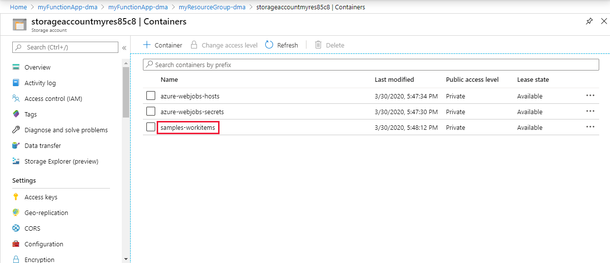 Azure portal で samples-workitems コンテナーに移動します。