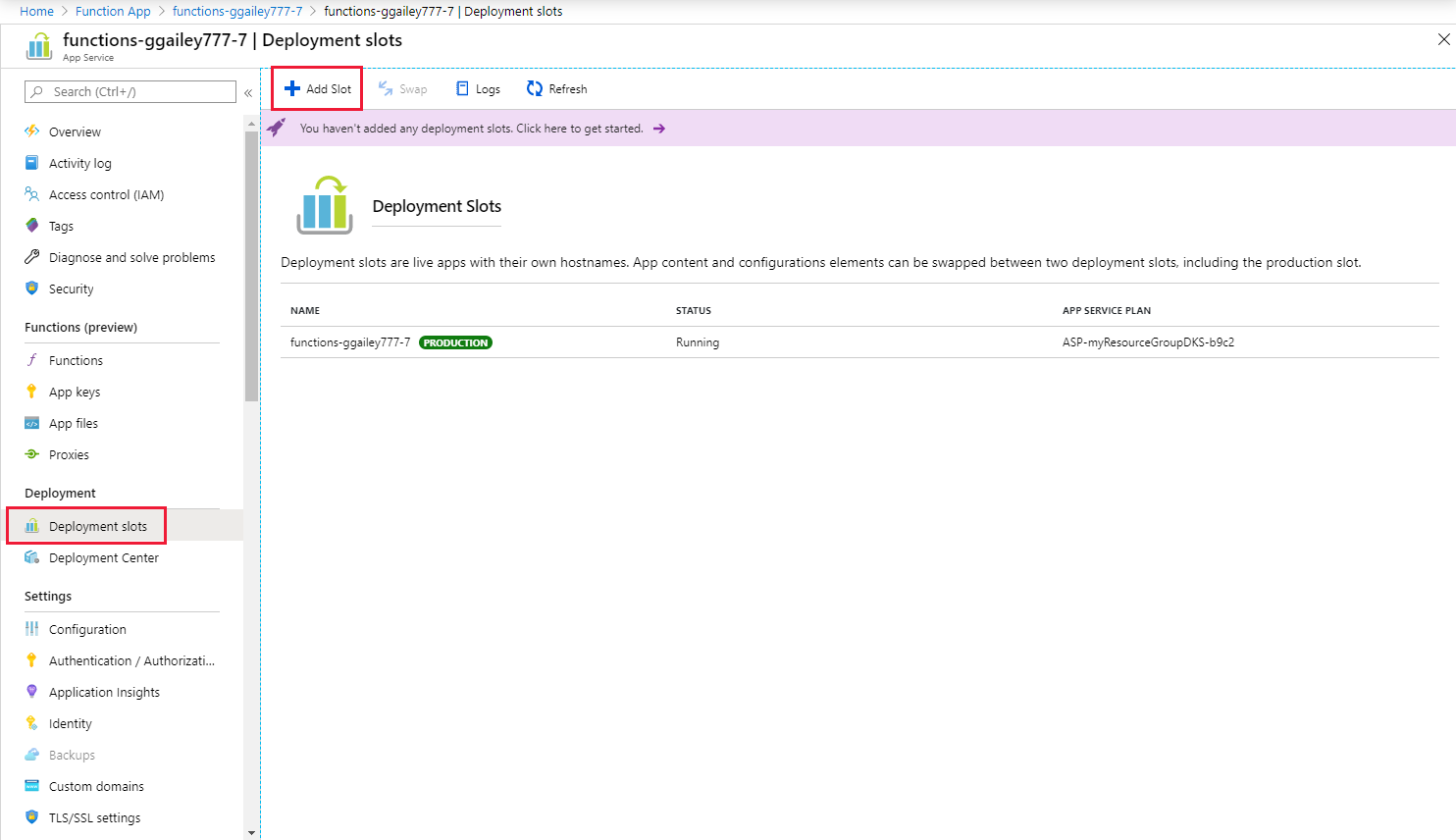 Azure Functions のデプロイメントスロットを追加します。