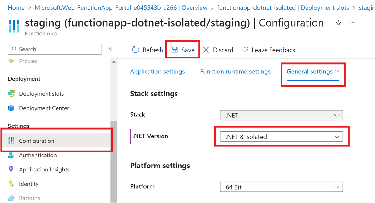 Azure portal で関数アプリの目的の .NET バージョンを設定する方法を示すスクリーンショット。