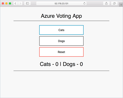 Azure Vote サンプル アプリケーションにブラウザーでアクセスしたスクリーンショット。