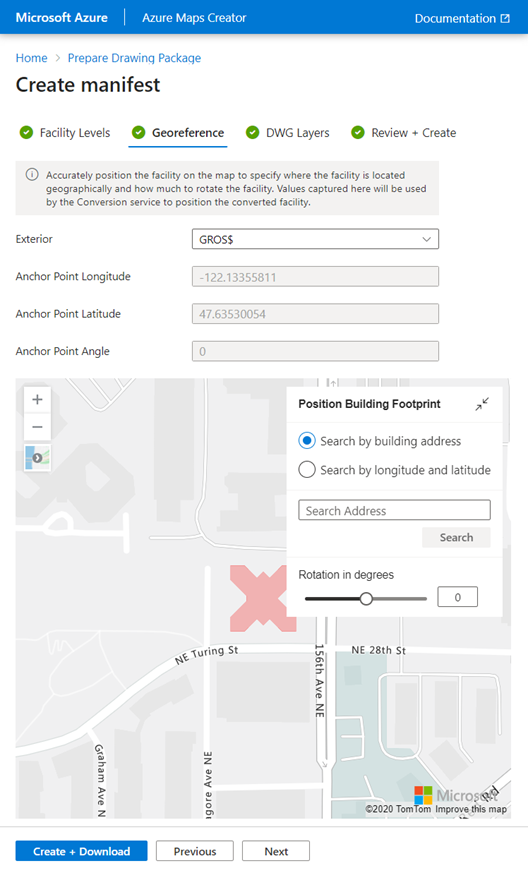 Azure Maps Creator オンボード ツールの [georeference] (ジオリファレンス) タブの既定の設定を示すスクリーンショット。経度、緯度、角度を含むすべてのアンカー ポイントの既定の設定は 0 です。