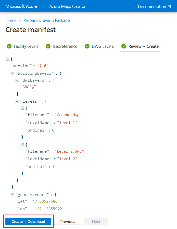 [作成およびダウンロード] ボタンを強調表示した、Azure Maps Creator オンボード ツールの [確認および作成] 画面を示すスクリーンショット。