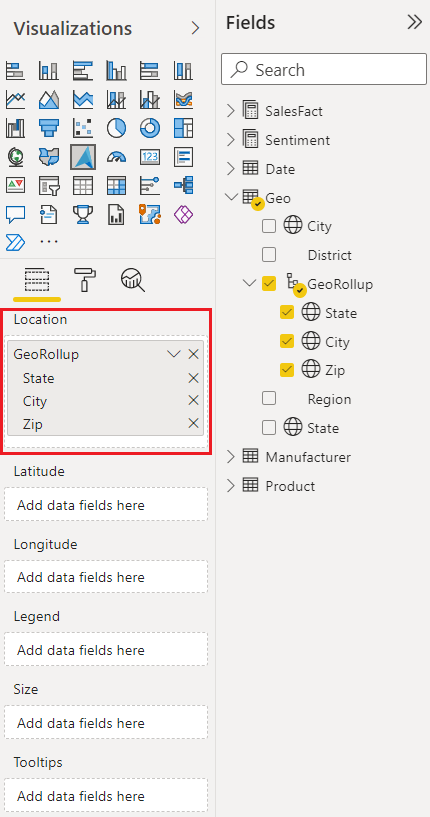 Azure Maps ビジュアルの [場所] フィールドが強調表示されている Power BI Desktop の [視覚化] ペインと [フィールド] ペインを示すスクリーンショット。