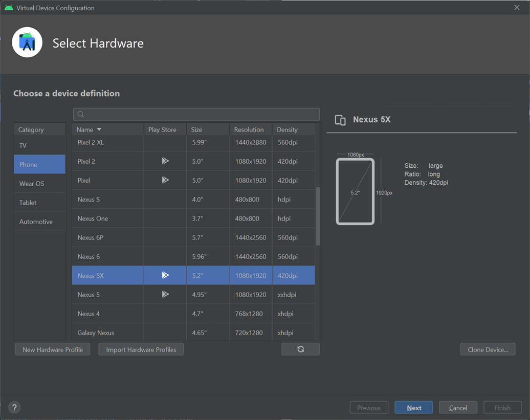 Android Virtual Device Manager で新しい仮想デバイスを作成するときの [ハードウェアの選択] 画面を示すスクリーンショット。