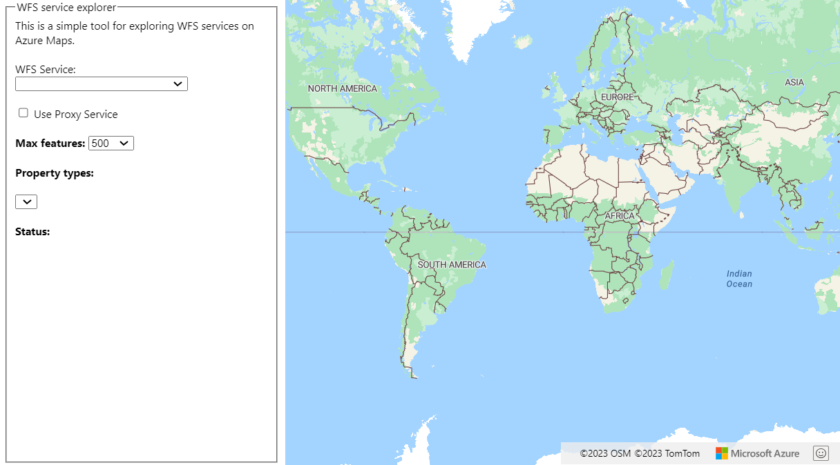 Azure Maps で WFS サービスを探索するための簡単なツールを示すスクリーンショット。