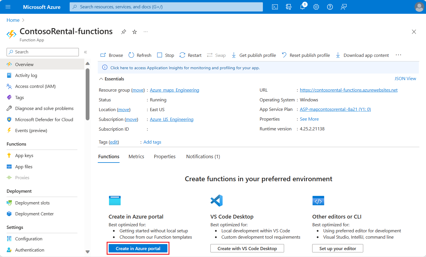 Azure portal の関数の作成のスクリーンショット。