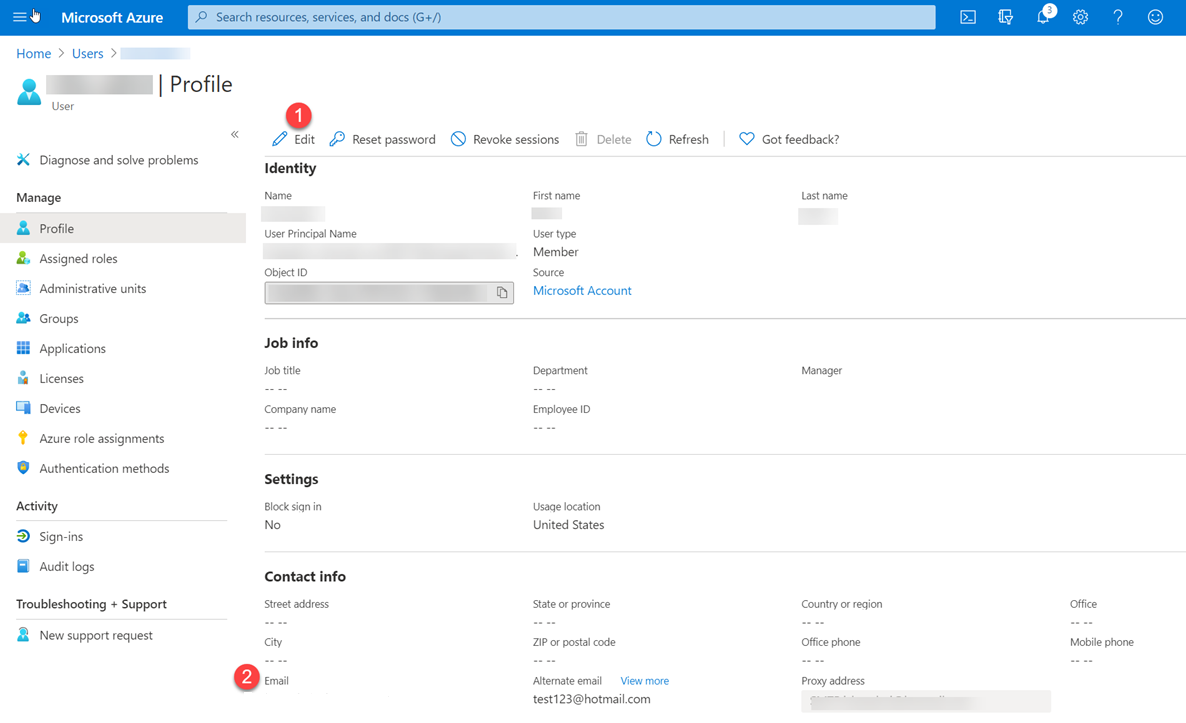 Azure portal のユーザー プロファイル ページを示すスクリーンショット。[編集] ボタンと [電子メール] ボックスが強調表示されている。